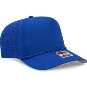 A blue 5 panel mid profile perforated rope cap featuring a mesh design and a branded label on the front.