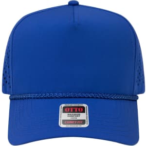 A blue 5 panel mid-profile cap with perforations and a rope detail around the brim. It features a logo on the front.