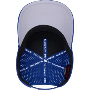 A blue 5 Panel Mid Profile Perforated Rope Cap with a black interior and a logo. The cap has a perforated design.