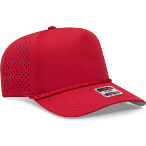 A red 5 Panel Mid Profile Perforated Rope Cap with a logo and perforated side panels.