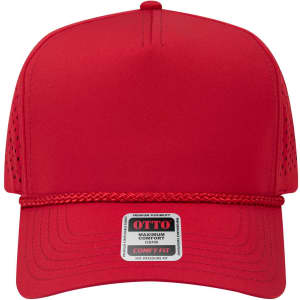 A red 5-panel mid-profile cap with perforated sides and a rope detail, featuring a front logo.