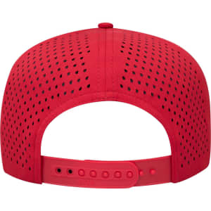 A red 5-panel mid-profile cap featuring perforated design and an adjustable strap at the back.