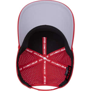 A red and grey 5 Panel Mid Profile Perforated Rope Cap featuring an internal perforated design and a logo.