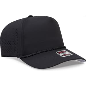 A black 5 Panel Mid Profile Perforated Rope Cap featuring a logo and a braided trim.