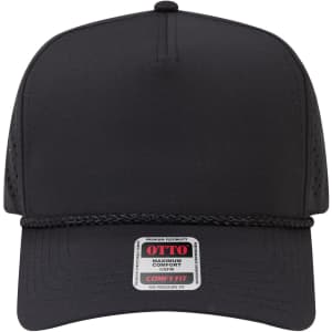 A black 5 panel mid profile perforated rope cap with a braided band and a logo on the front.