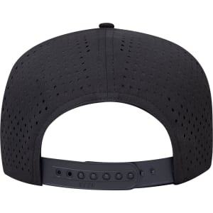 A black 5-panel mid-profile cap with perforated detailing, featuring an adjustable back strap and a logo.