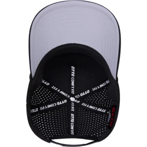 A black 5 Panel Mid Profile Perforated Rope Cap with a grey interior and a logo on the side.