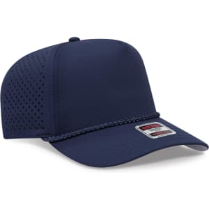 A navy blue 5 panel mid profile perforated rope cap featuring a logo on the front and ventilation holes on the sides.