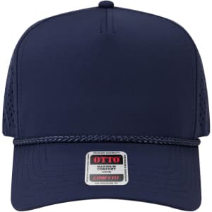 A navy blue 5-panel mid profile cap featuring a perforated design and a braided rope detail, along with a logo.