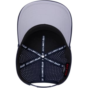 A navy and grey perforated rope cap featuring a mid-profile design and an interior with a logo.