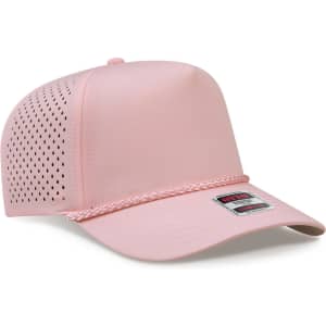 A pink 5 Panel Mid Profile Perforated Rope Cap with a braided detail and a logo patch on the front.