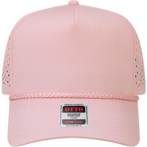 A pink 5 Panel Mid Profile Perforated Rope Cap with a logo and braided detail on the front.