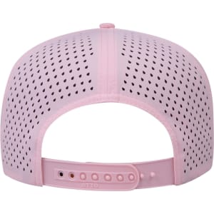 A pink 5 Panel Mid Profile Perforated Rope Cap with a breathable perforated design and adjustable strap at the back.