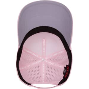 A pink and black 5 panel mid-profile cap with a perforated design and an interior showing its structure.