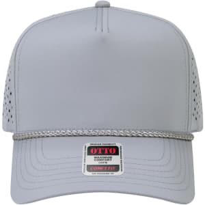 A grey 5 Panel Mid Profile perforated rope cap with a braided band and a logo on the front.