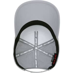 A grey 5-panel mid-profile cap with perforated sides and an internal branded band.
