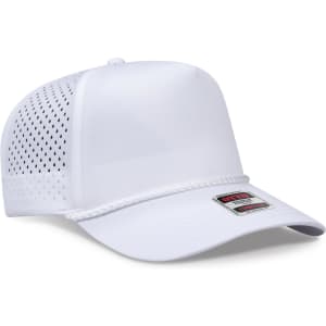 A white 5 panel mid-profile perforated rope cap featuring a logo on the front and ventilation details on the sides.