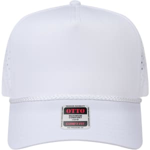 A white 5 panel mid-profile cap with a perforated design and a braided band, featuring a logo on the front.