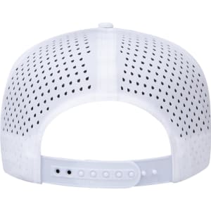 A white 5-panel mid-profile cap with perforated design and an adjustable strap at the back. It features a logo.