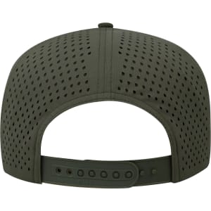 A green perforated cap featuring a mid-profile design and an adjustable strap at the back, with a logo on the side.