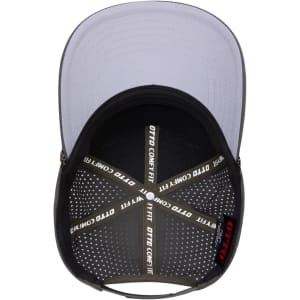 A black perforated rope cap with a mid-profile design and a branded interior, featuring a grey underbill.
