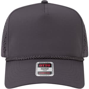 A grey 5-panel mid-profile cap with perforated sides and a rope detail across the front, featuring a logo.