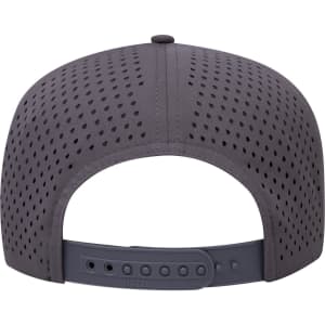 A grey 5-panel mid-profile cap featuring perforations and an adjustable back strap. It has a logo on it.