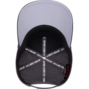 A grey 5 panel mid-profile cap with a perforated design and a black interior featuring a logo.