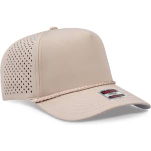 A beige 5 panel mid-profile cap featuring perforated sides and a braided rope accent. The cap has a logo on it.