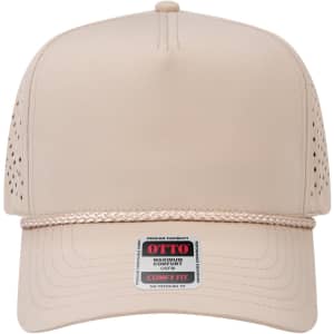 A light beige 5 panel cap with perforated sides and a rope detail on the brim, featuring a logo label.