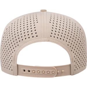 A beige 5-panel mid-profile perforated rope cap with a rear adjustable snap closure and a logo.