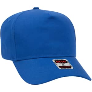 A blue 5 Panel Baseball cap with a curved brim and a logo on the side.