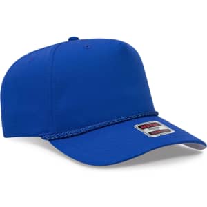 A blue 5 panel mid profile rope baseball cap featuring a logo on the front.