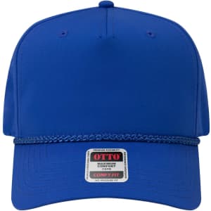 A blue 5 panel mid profile rope baseball cap featuring a logo on the front.