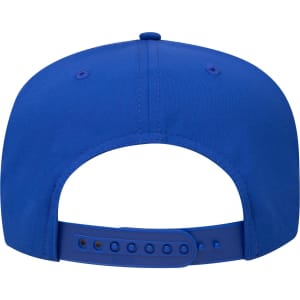 A blue 5-panel mid-profile rope baseball cap featuring a rear adjustable strap and a logo.
