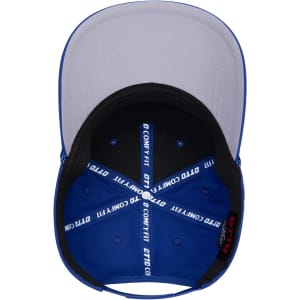 An inside view of a blue 5 Panel Mid Profile Rope Baseball Cap featuring a logo and a comfortable fit lining.