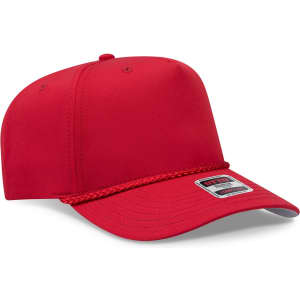 A red 5 panel mid-profile rope baseball cap featuring a logo on the front and a braided rope detail.