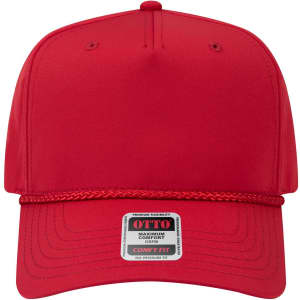 A red 5 panel mid profile baseball cap with a rope detail and a logo on the front.
