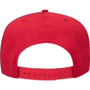 A red 5 panel mid-profile rope baseball cap featuring a back adjustment strap and ventilation eyelets.