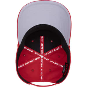 A red and grey 5-panel mid-profile rope baseball cap with an interior featuring a logo and a comfortable fit design.