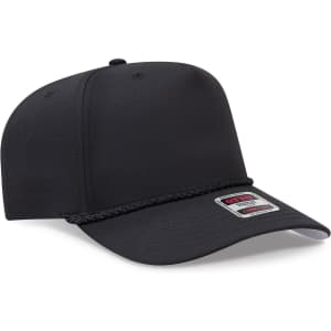 A black 5-panel mid-profile baseball cap featuring a rope detail and a logo patch on the side.