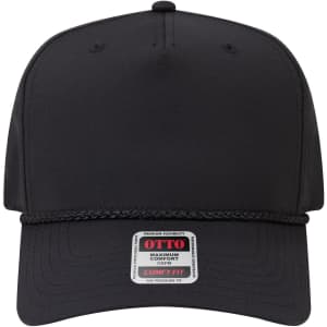A black 5 panel mid-profile baseball cap with a braided rope detail and a logo label on the front.