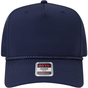 A navy 5 panel mid profile rope baseball cap featuring a logo and a comfortable fit design.