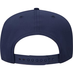 A navy blue 5 panel mid profile baseball cap featuring a rear adjustable strap and ventilation holes.