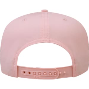 A pink 5 panel mid profile rope baseball cap featuring an adjustable strap at the back and a logo.