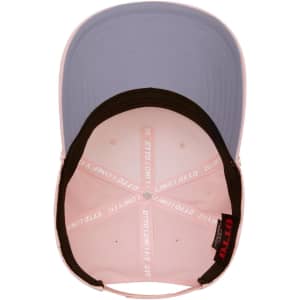 A 5 Panel Mid Profile Rope Baseball Cap in pink and grey, featuring an interior label and a logo.