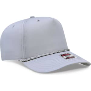 A grey 5 panel mid-profile baseball cap featuring a rope detail and a logo tag.