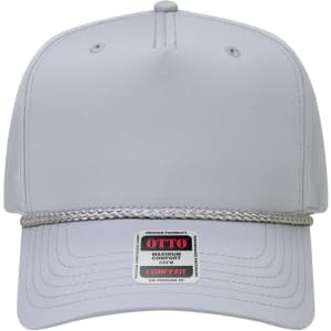 A grey 5 panel mid profile rope baseball cap with a decorative band and branding on the front.