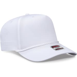 A white 5 panel mid profile rope baseball cap featuring a branding logo.