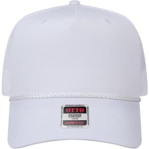 A white 5-panel mid-profile rope baseball cap featuring a logo and a braided detail around the brim.